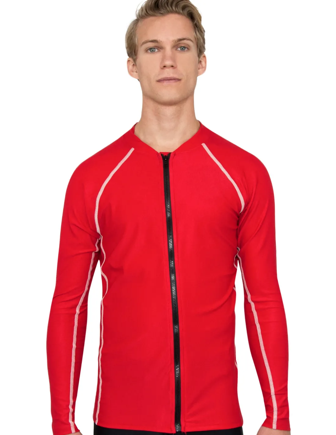 Men's Chlorine Resistant Long Sleeve Zip Rash Guard - Red