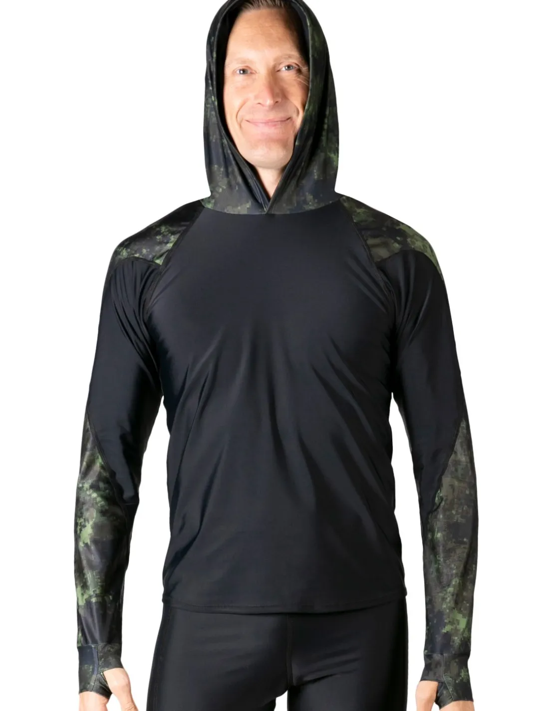 Men's Swim Crest Rash Guard with Relaxed Hoodie - Green Camo