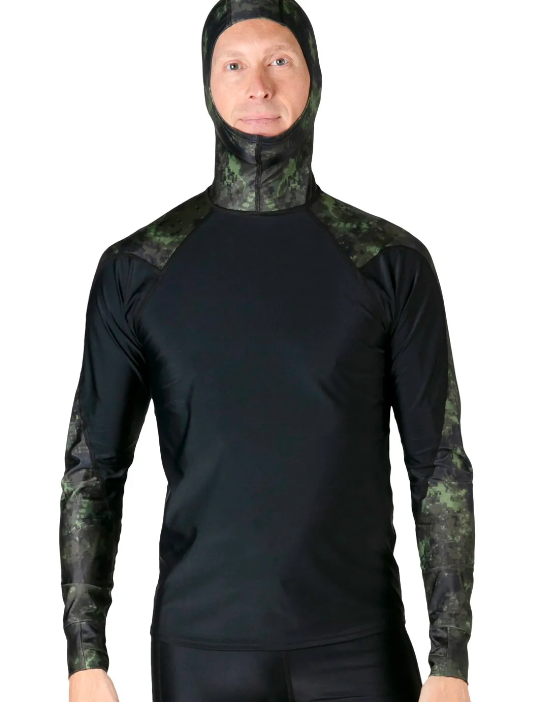 Men's Swim Crest Rash Guard with Fitted Hoodie - Green Camo