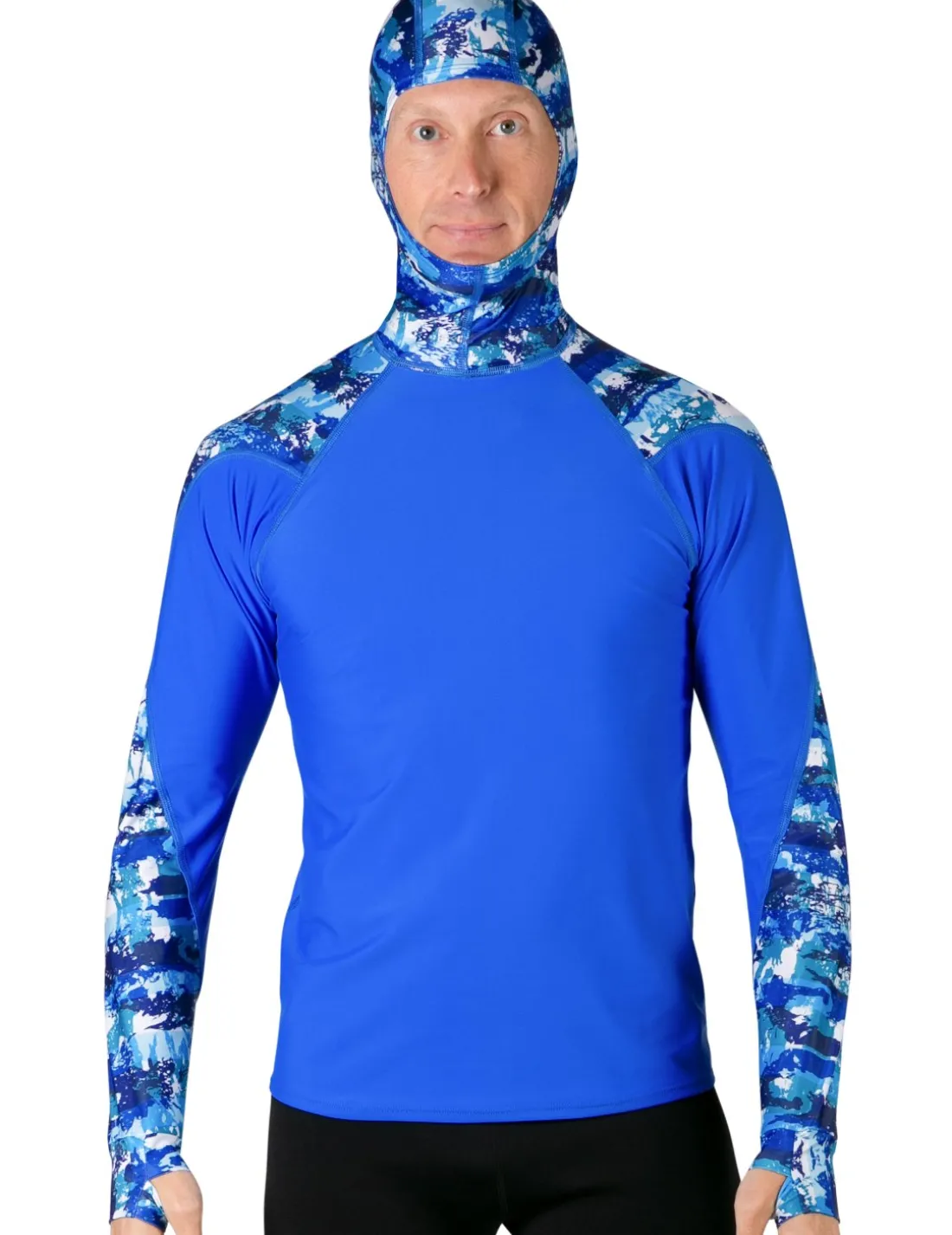 Men's Swim Crest Rash Guard with Fitted Hoodie - Blue Camo