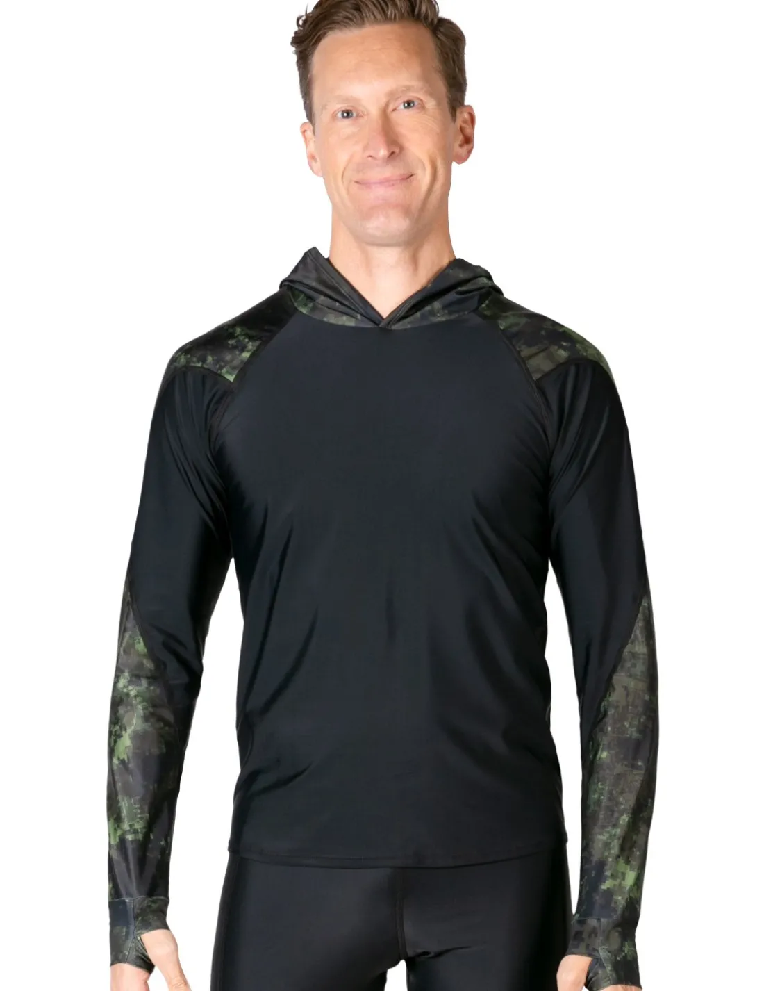 Men's Swim Crest Rash Guard with Relaxed Hoodie - Green Camo