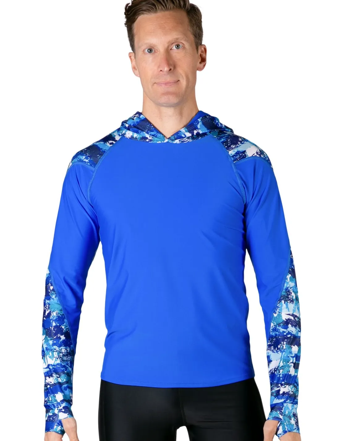Men's Swim Crest Rash Guard with Relaxed Hoodie - Blue Camo