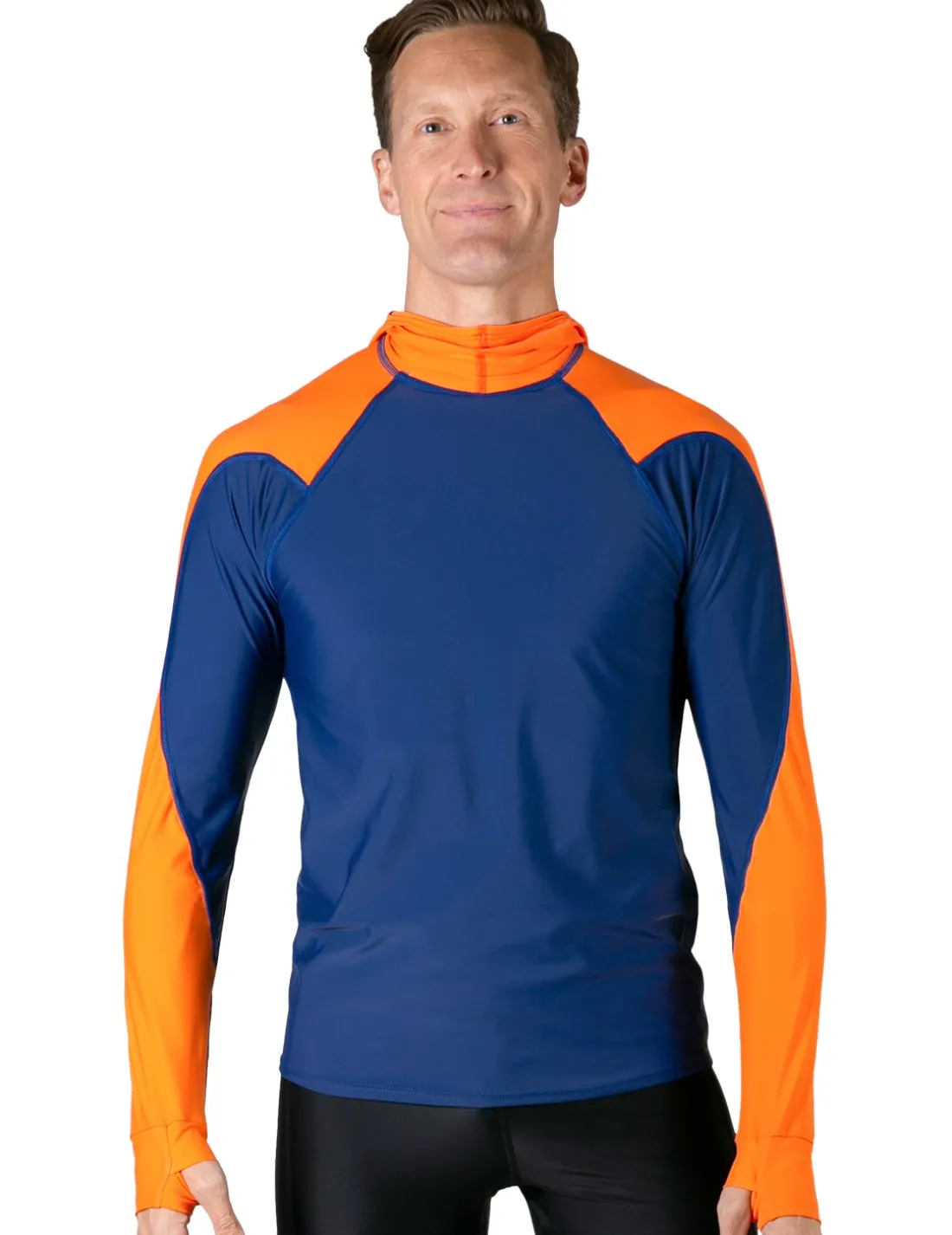 Men's Swim Crest Rash Guard with Fitted Hoodie - Navy / Orange