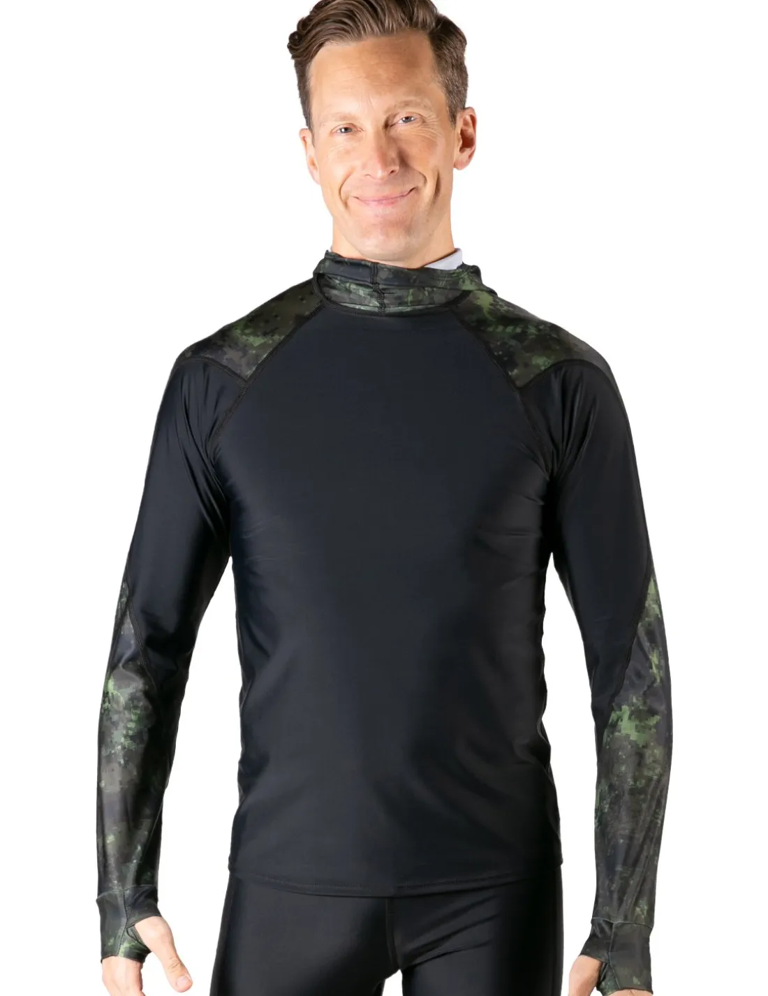 Men's Swim Crest Rash Guard with Fitted Hoodie - Green Camo