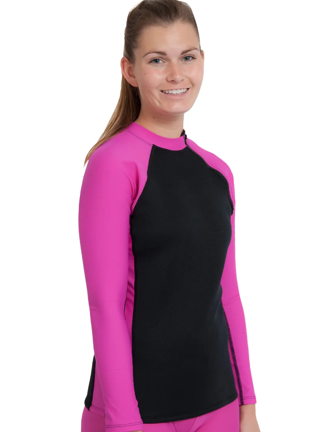 Women's Hybrid Thermal Zip Rash Guard - Black / Fuchsia