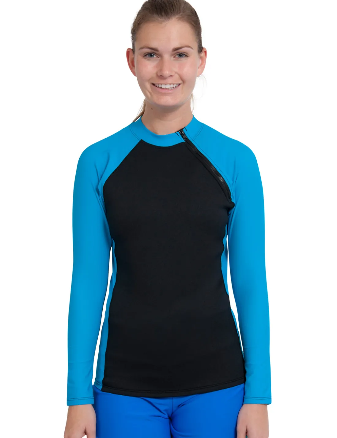 Women's Hybrid Thermal Zip Rash Guard - Black / Turquoise