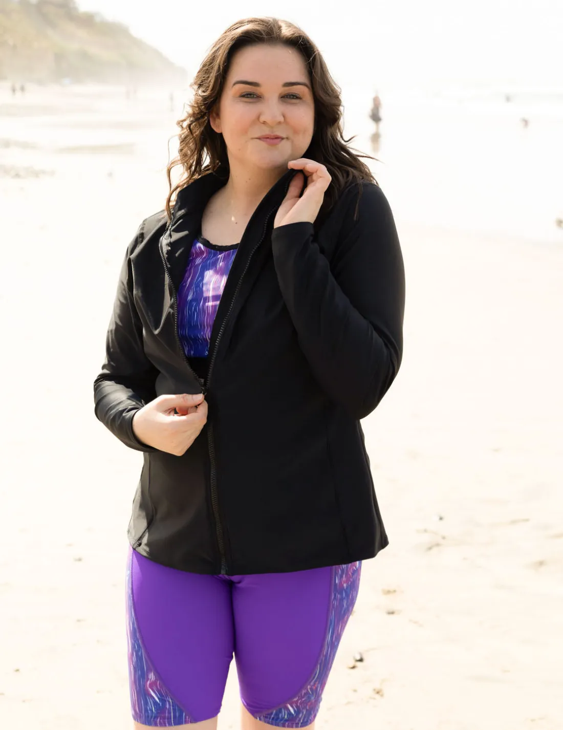 Women's Long Sleeve Zip Swim Jacket (Regular & Plus Size) - Black