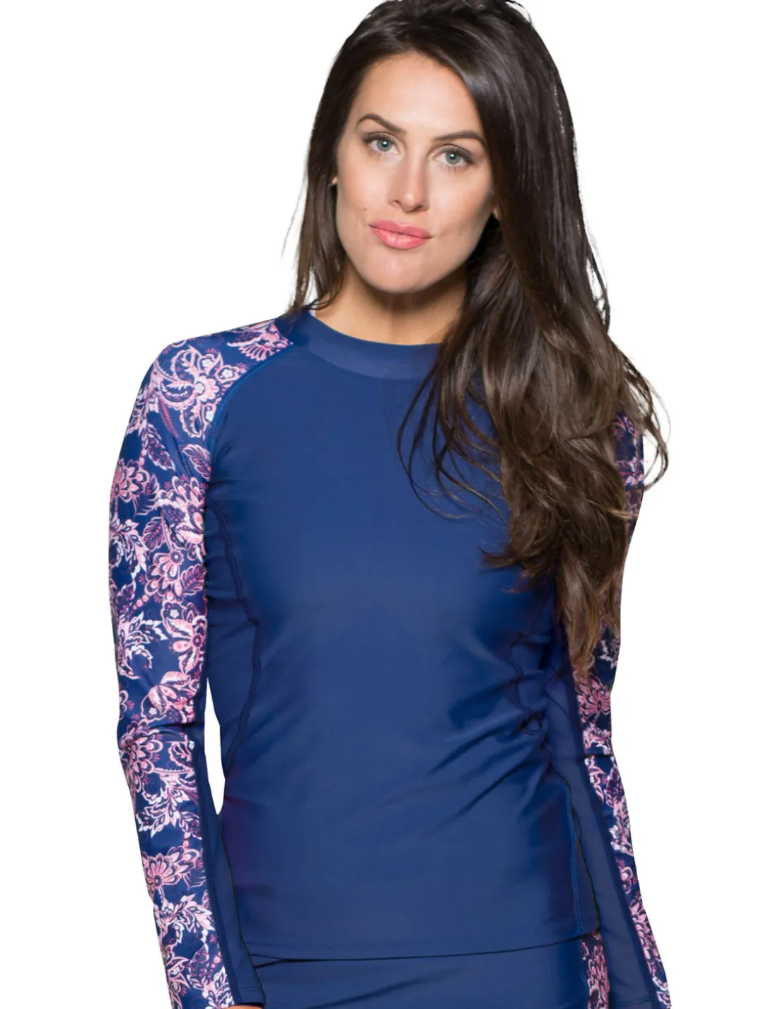 Women's Long Sleeve Rash Guard (Regular & Plus Size) - Paisley/Navy