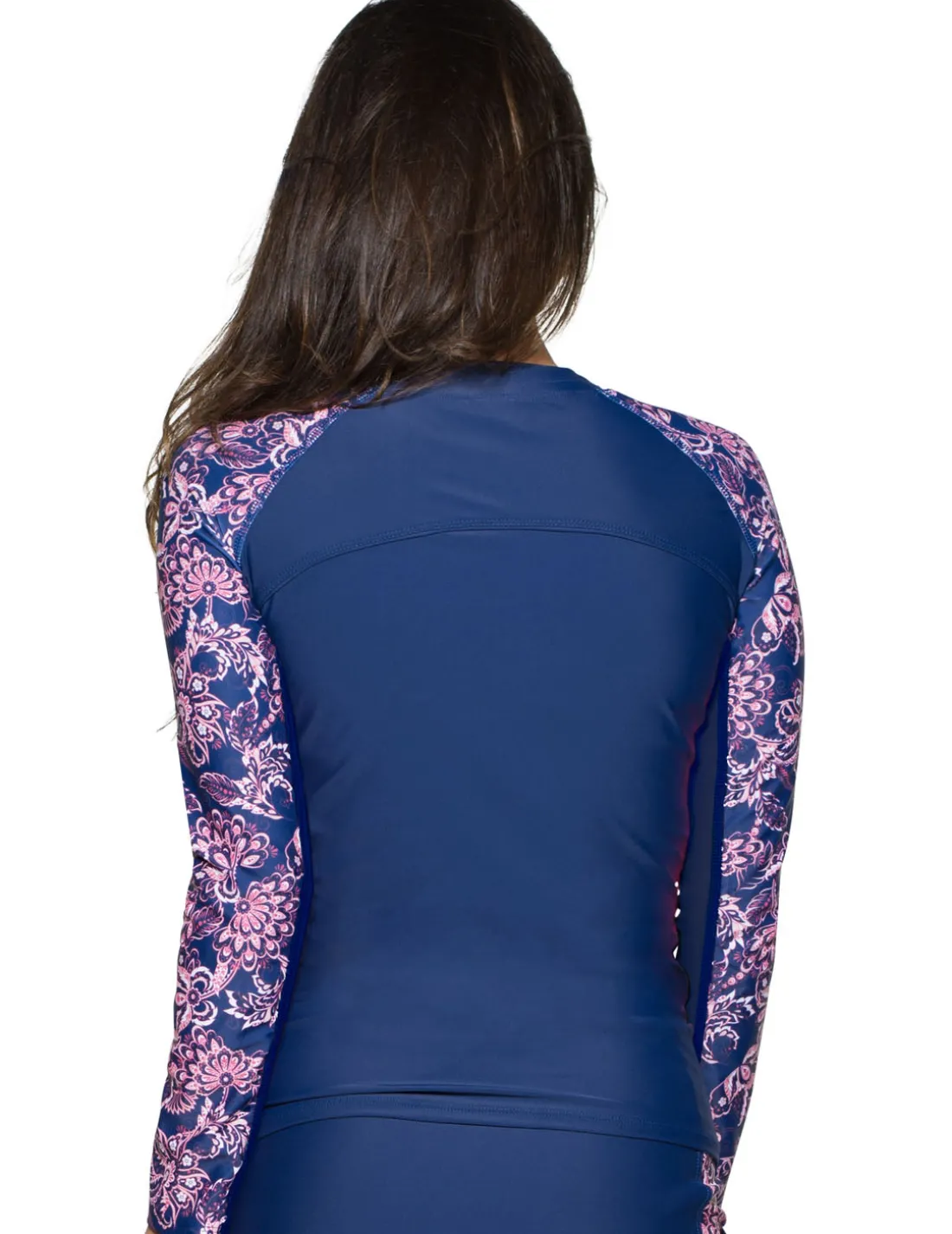Women's Long Sleeve Rash Guard (Regular & Plus Size) - Paisley/Navy