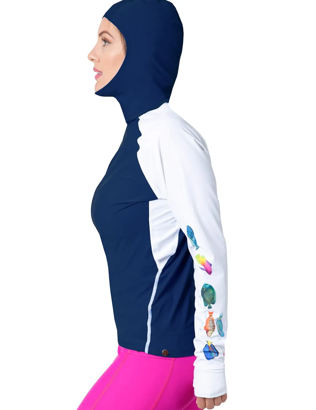 Women's Snorkel Hoodie Rash Guard - Caribbean Fish ID - Navy
