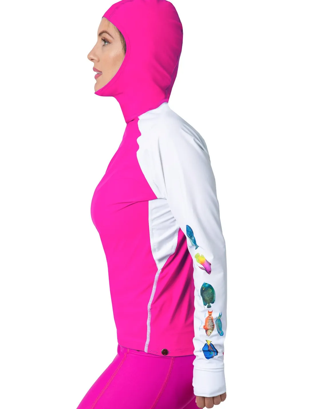 Women's Snorkel Hoodie Rash Guard - Caribbean Fish ID - Fuchsia