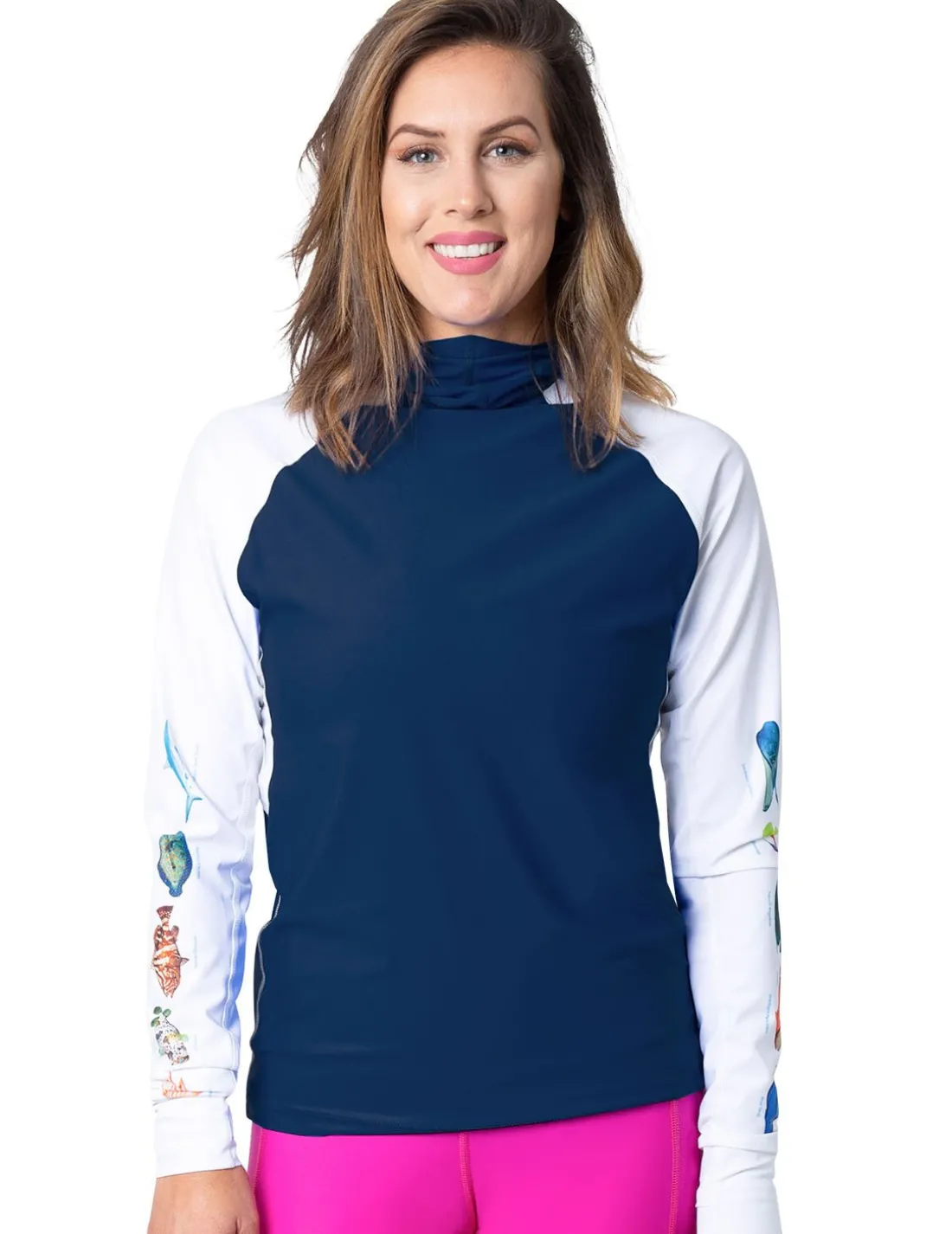 Women's Snorkel Hoodie Rash Guard - Caribbean Fish ID - Navy