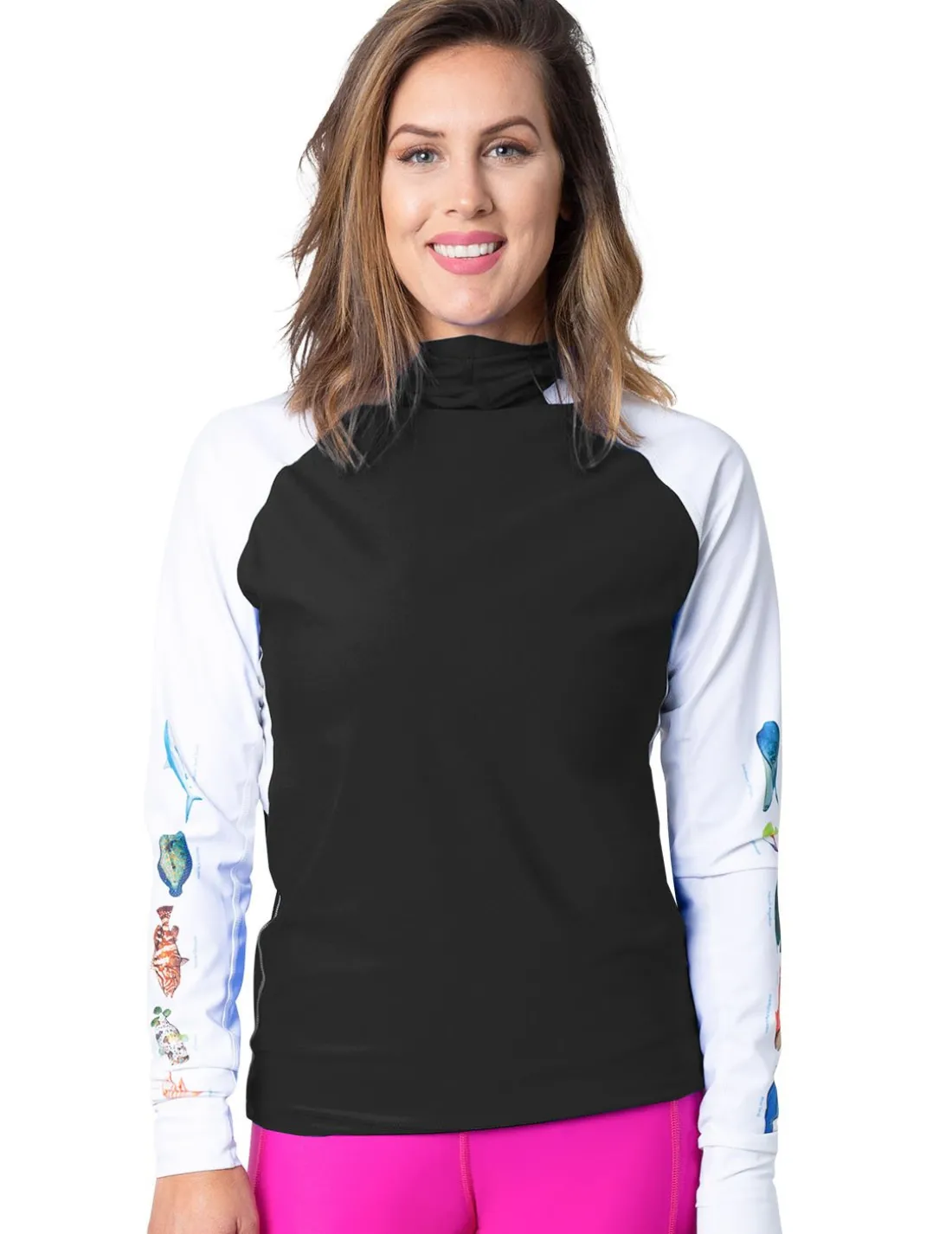 Women's Snorkel Hoodie Rash Guard - Caribbean Fish ID - Black