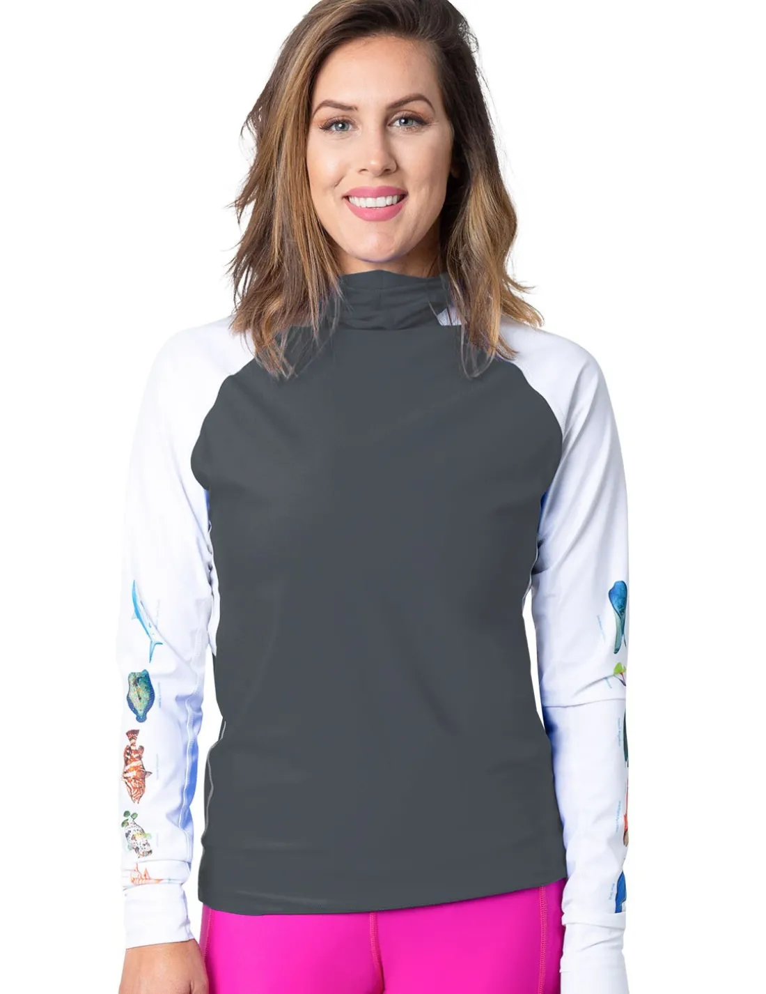 Women's Snorkel Hoodie Rash Guard - Caribbean Fish ID - Gray